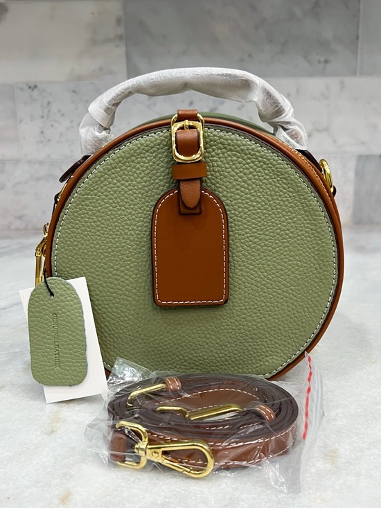 Unbranded Handbags - Genuine Pebbled Leather Olive and Tan Round Zippered Crossbody Bag